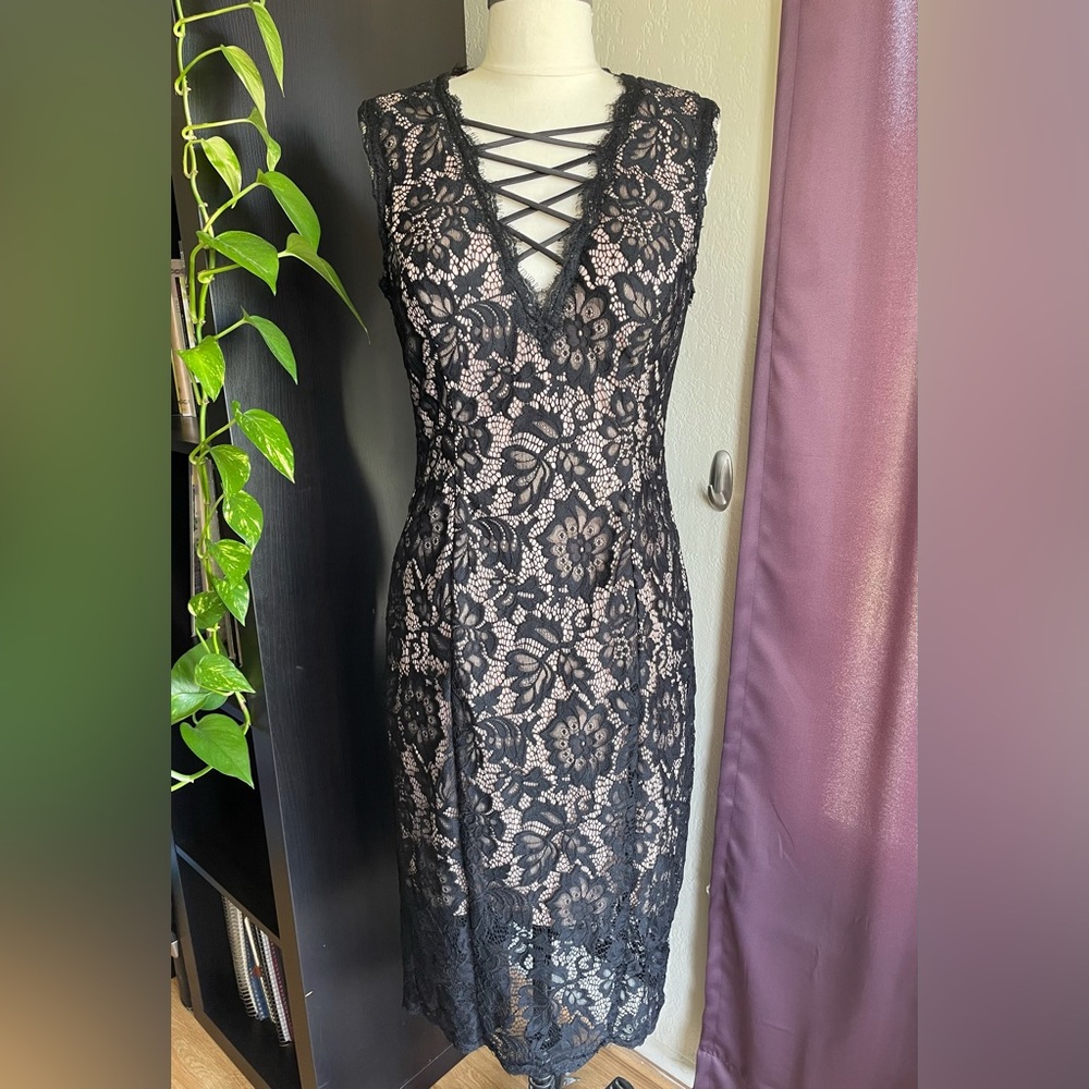 Avery G Black Lace Overlay Cocktail Dress